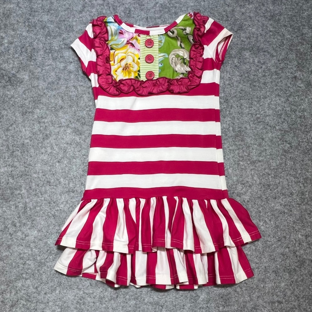 Persnickety Girls Pink White Striped Ruffle Dress Floral Yoke‎ 2T USA Made